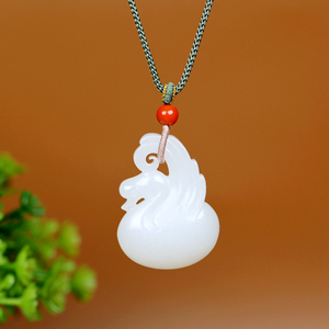 新疆天然和田玉 鹅如意吊坠 羊脂白玉我如意玉坠 天鹅挂件 苏工