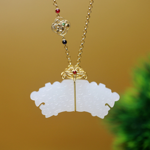 和田玉仿古玉挂件 18k金镶玉牌 玉璜吊坠  半圆形玉件玉佩 苏工