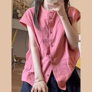 日系复古玫红色衬衫女夏季2024新款法式气质小众独特别致衬衣上衣