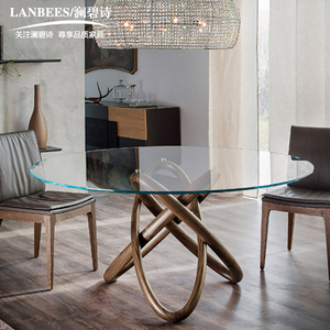 澜碧诗北欧极简实木餐桌设计师创意简约时尚个性圆形钢化玻璃饭桌