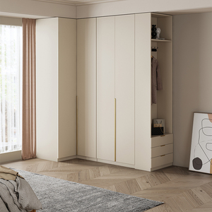 一门到顶实木l型转角衣柜90度家用卧室小户型衣柜组合奶油白