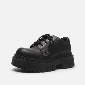 unif鞋复古真皮黑色平底小皮鞋女日系软妹厚底松