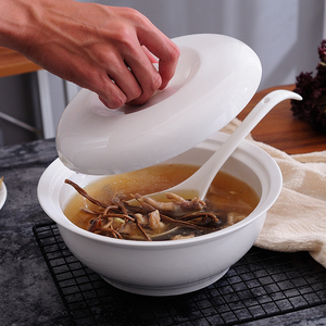 陶瓷纯白汤碗带盖圆形汤盆品锅陶瓷餐具 创意大号家用大碗汤碗