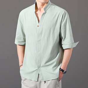 男士棉麻衬衫短袖2024年新款薄款七分袖衬衣夏季亚麻休闲青年男装