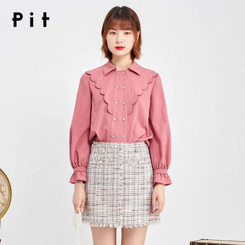 pit银泰专柜2019秋季新款女装长袖花边翻领复古衬衫1039082202