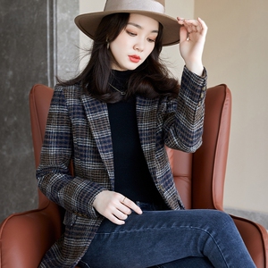 格子西装外套女韩版2021新款春秋英伦风复古收腰修身西服上衣秋季