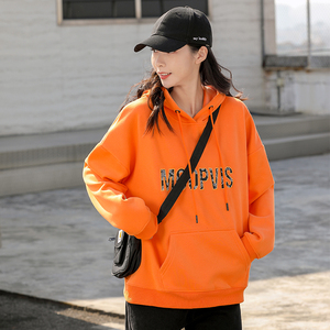 休闲宽松橘色刺绣连帽卫衣女2021年新款加绒加厚潮ins慵懒风秋冬