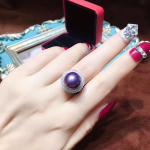 大溪地妖艳紫珍珠戒指925银镀18k金经典戴妃款正圆大颗粒珍珠手饰