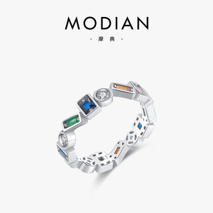 MODIAN摩典S925纯银几何彩色锆石戒指女小众个性时尚不规则指环