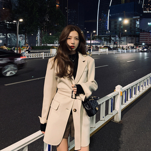 【限时7折】夏诗文 全羊毛双面呢大衣女秋冬收腰设计西装毛呢外套