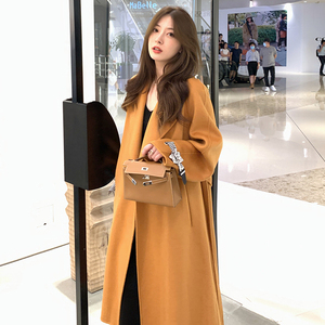 夏诗文 双面呢大衣女秋袖口丝巾设计中长款外套