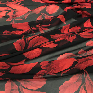 春夏薄款进口雪纺面料黑底红花衬衫连衣裙沙滩裙上衣手工服装布料