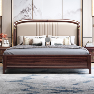 乌金木实木床主卧新中式1.8米双人床现代简约1.5软靠真皮储物婚床