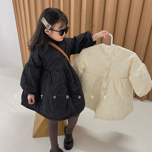 2023冬季韩国童装女童韩版刺绣绗线小棉裙儿童泡泡袖加厚棉衣外套