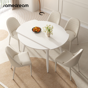 奶油风餐桌伸缩家用抽拉可折叠小户型岩板桌子靠墙餐椅纯白白色子