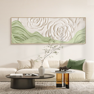 奶油原木风客厅装饰画绿色抽象肌理画横幅沙发背景墙挂画法式壁画