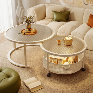 奶油风玻璃茶几客厅家用2024新款移动沙发边几圆形组合网红小桌子