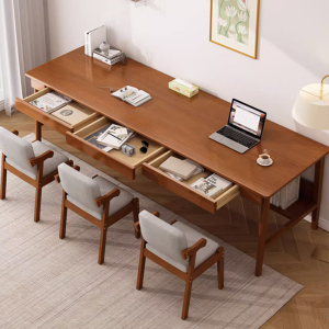 双人长条书桌家用写字电脑桌实木桌子带抽屉办公桌简约现代工作台