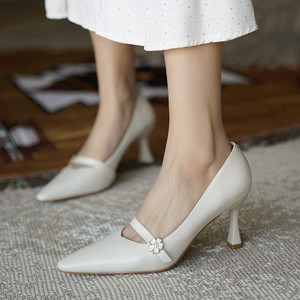 2021春款单鞋女浅色白色高跟鞋女细跟玛丽珍全皮法式小香风女鞋子