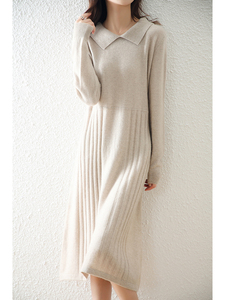 canary kiss针织连衣裙女秋冬新款气质羊毛翻领宽松显瘦中长款女