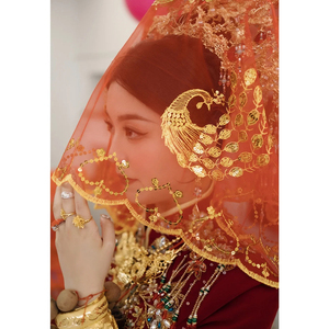 新娘红盖头半透明纱2024结婚中式婚礼头纱秀禾服高级蒙头红色喜帕