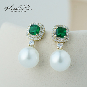 高级感经典简约设计优雅绿宝石珍珠吊坠耳环无耳洞耳夹