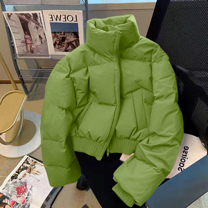2023秋冬季韩版绿色棉衣棉服女装棉袄加厚立领面包服高腰短款外套