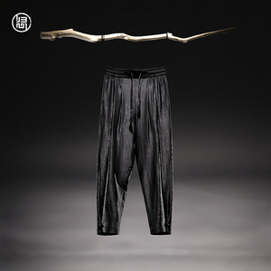 归心中国风男士龟裂纹香云纱休闲裤宽松真丝裤丝绸裤 100%桑蚕丝