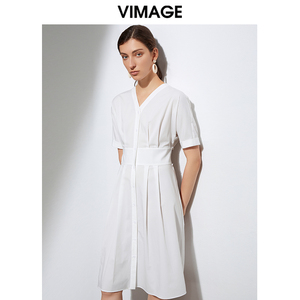 VIMAGE纬漫纪夏季纯洁小清新法式V领收腰白色连衣裙女裙