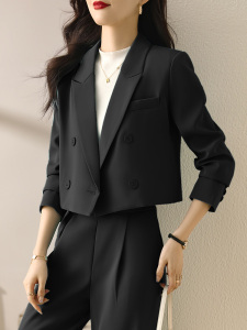 黑色西装套装女春秋高级感休闲气质小个子今年流行短款小西服外套