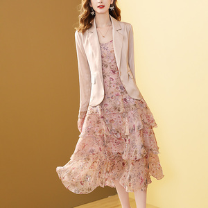 秋季轻熟风长款气质淑女职业醋酸缎面西装碎花裙子两件套装连衣裙