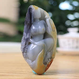 新疆和田玉青花籽料手把件玉美人男士款小摆件遇贵人把玩件414g