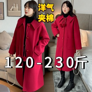 大码女装夹棉加厚200斤胖mm红色回门气质韩版中长款毛呢大衣外套