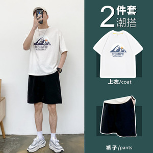 短袖男士t恤2021网红夏季套装男短裤一套男装痞帅气搭配成熟夏装