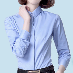 弹力棉天蓝色衬衫女长袖春秋季薄款修身正装职业工装显瘦ol工作服