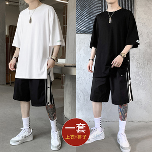 胖人夏季五分袖短袖短裤套装男大码潮流宽松休闲运动青年百搭一套