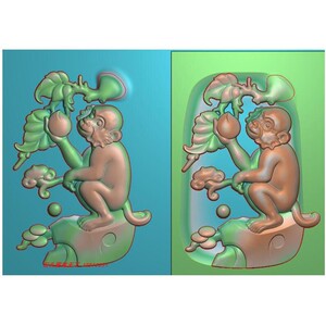 玉雕猴子如意抱桃挂件寿桃猴子摘桃牌子精雕图浮雕灰度电脑雕刻图