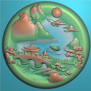 圆形山水挂件精雕图瀑布风景人物圆牌浮雕图灰度电脑玉雕松鹤牌子