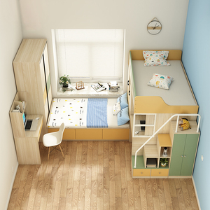 双层床高低床多功能组合床榻榻米衣柜一体二胎儿童房交错式上下床