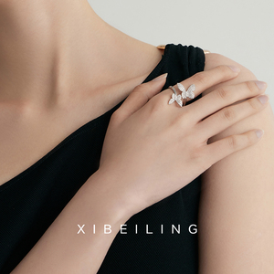 925纯银双蝴蝶戒指女时尚个性设计小众高级感锆石开口食指不对称