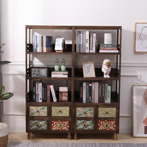 美式复古书架置物架纯实木带门书柜房间简易多层客厅阳台花架落地
