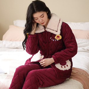 珊瑚绒睡衣女秋冬季加厚三层夹棉冬天新款外穿加绒超厚家居服套装
