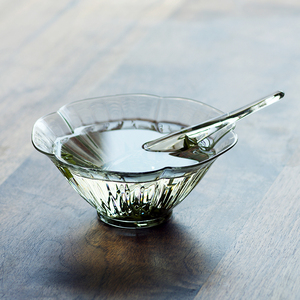 仿宋花瓣玻璃碗耐高温中式带勺透明宋茶碗干泡茶碗甜品绿茶泡茶碗