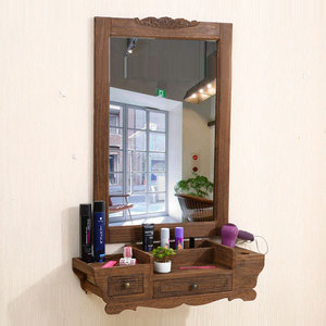 复古实木理发店镜子柜子一体美容美发镜台发廊专用单面壁挂式潮店