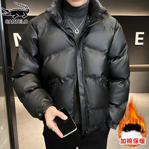 鳄鱼高级感黑色棉服男士冬季加厚面包服韩风立领pu皮棉衣外套男装