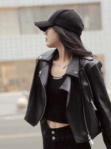 2024春秋季新款时尚气质黑色夹克翻领高腰荷包拉链短款皮衣外套女