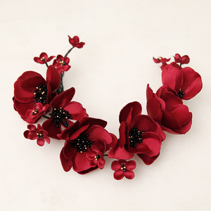 新娘结婚头饰酒红色花朵发箍头花日韩婚纱丝绒布拷边花敬酒服发饰