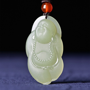 天然和田玉佛公吊坠 女款逍遥自在弥勒笑佛玉坠项链 玉石挂件玉佩