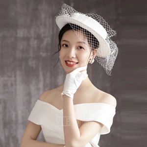 法式英伦帽蕾丝高端新娘婚纱白色网纱复古大礼帽影楼写真拍照帽子