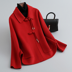 红色双面羊绒大衣女短款2024新款高端小个子流行宽松羊毛呢子外套